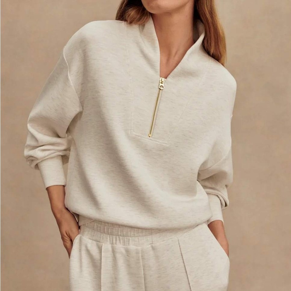 Varley Ivory Marled Davidson Double Soft Sweatshirt Cropped Half Zip Size Medium
